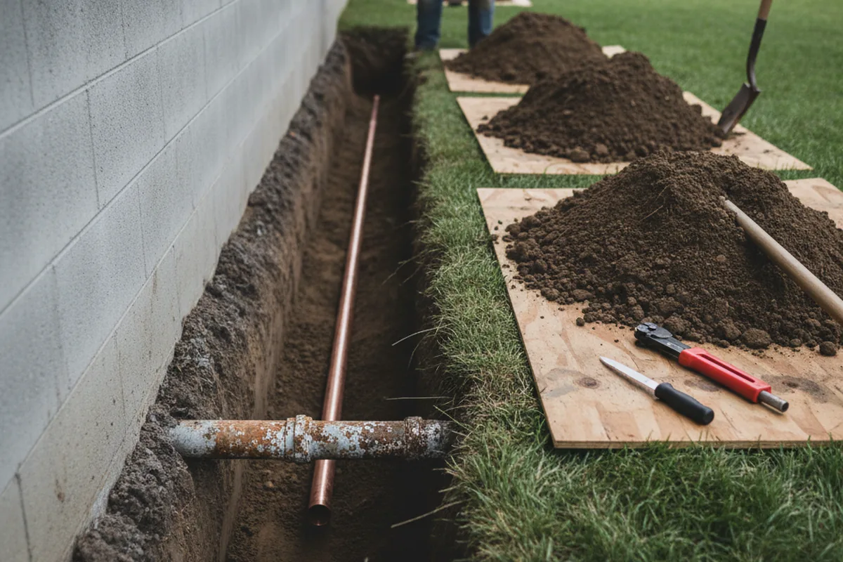 Excavated water line trench during Water Softener Installation in Broadview